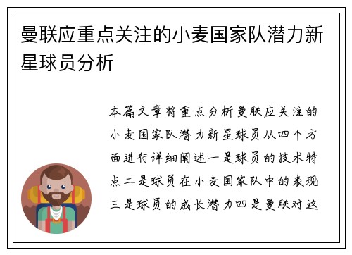 曼联应重点关注的小麦国家队潜力新星球员分析